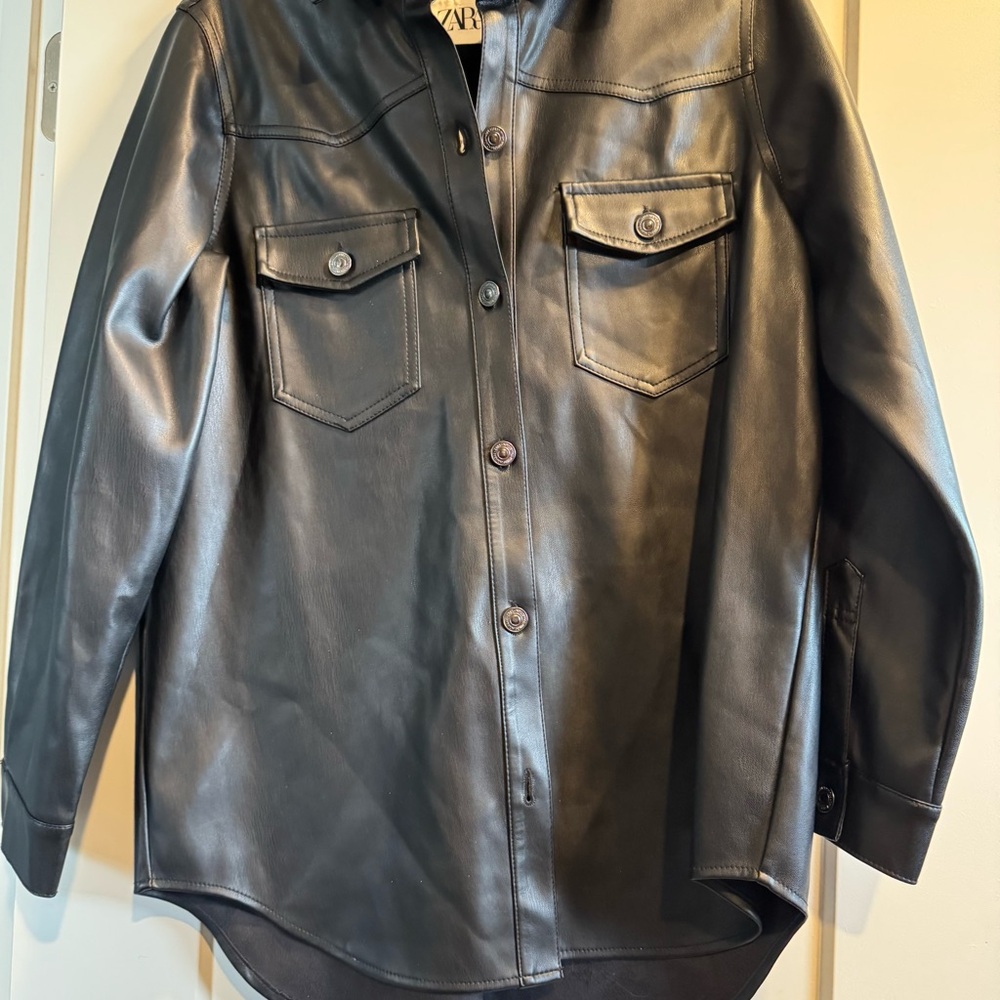 Zara Black Leather Button-Up Jacket